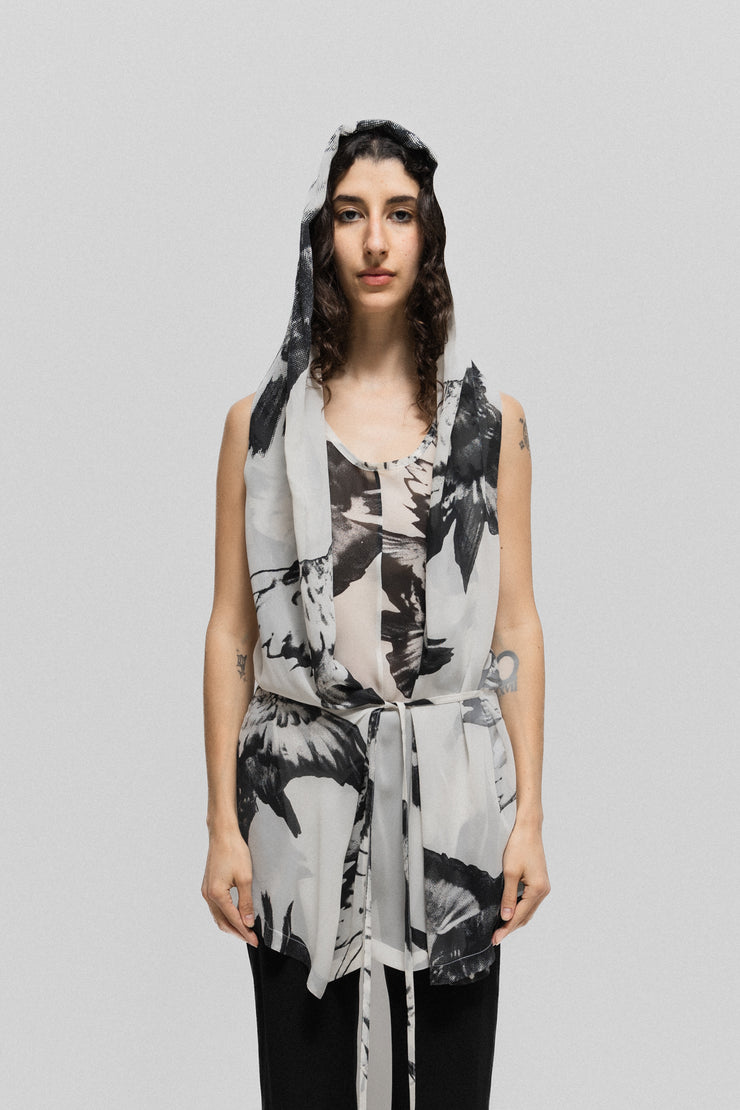 ANN DEMEULEMEESTER - SS10 Silk printed tunic with a large hood and waist straps
