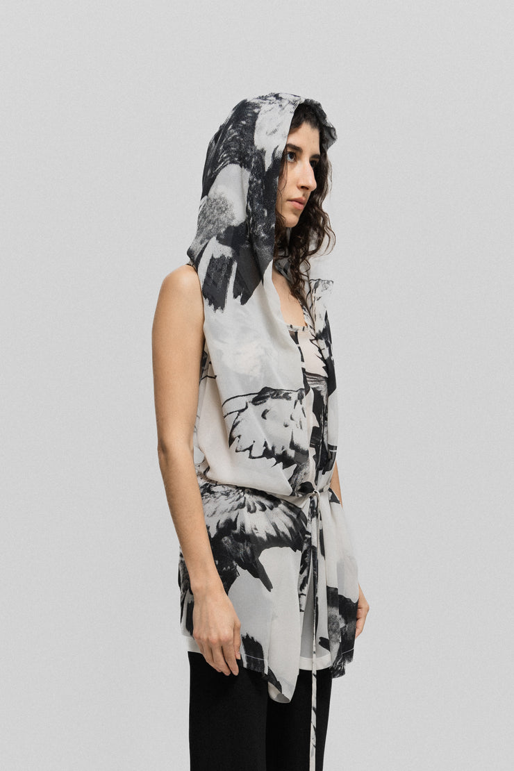 ANN DEMEULEMEESTER - SS10 Silk printed tunic with a large hood and waist straps