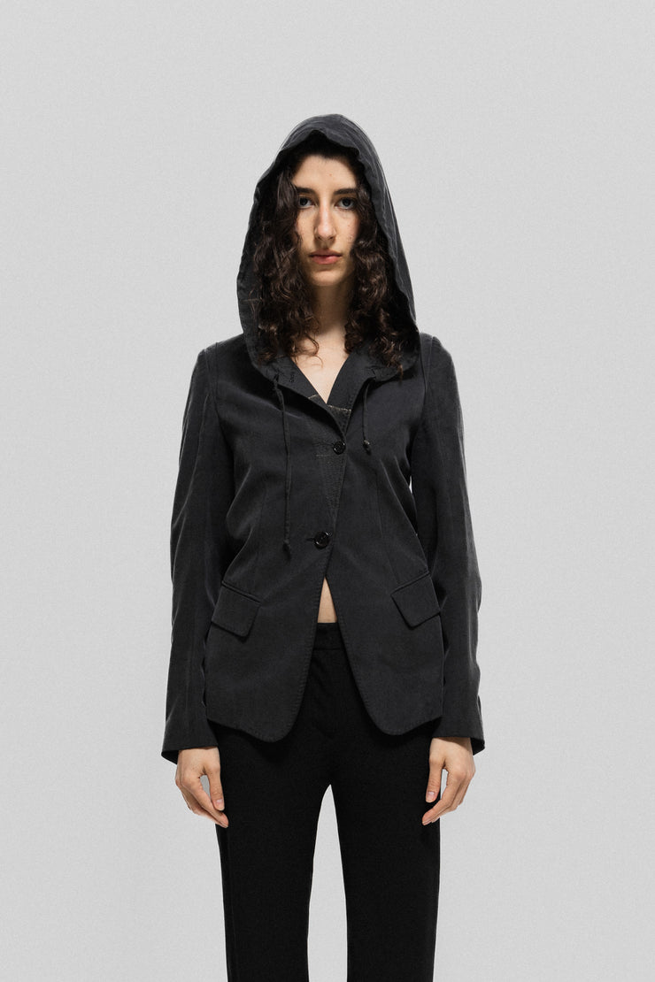 ANN DEMEULEMEESTER - SS11 Hooded silky jacket with lining pattern