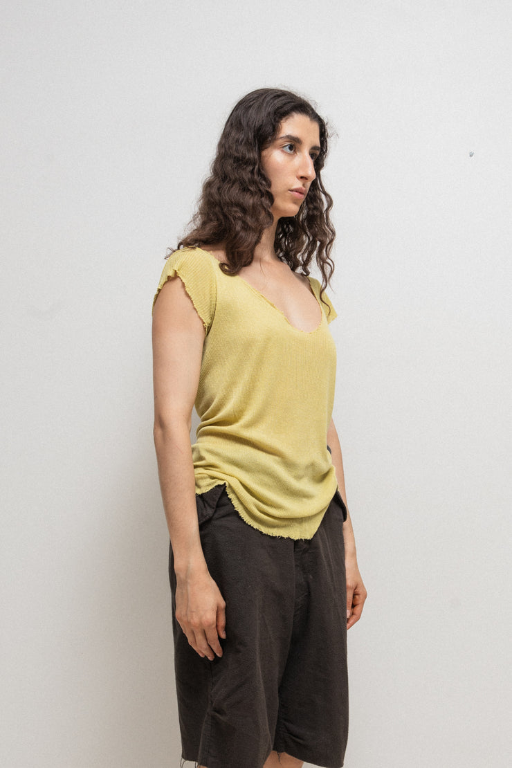 RICK OWENS - SS04 "CITROEN" Acid V neck ribbed top with raw cut edges
