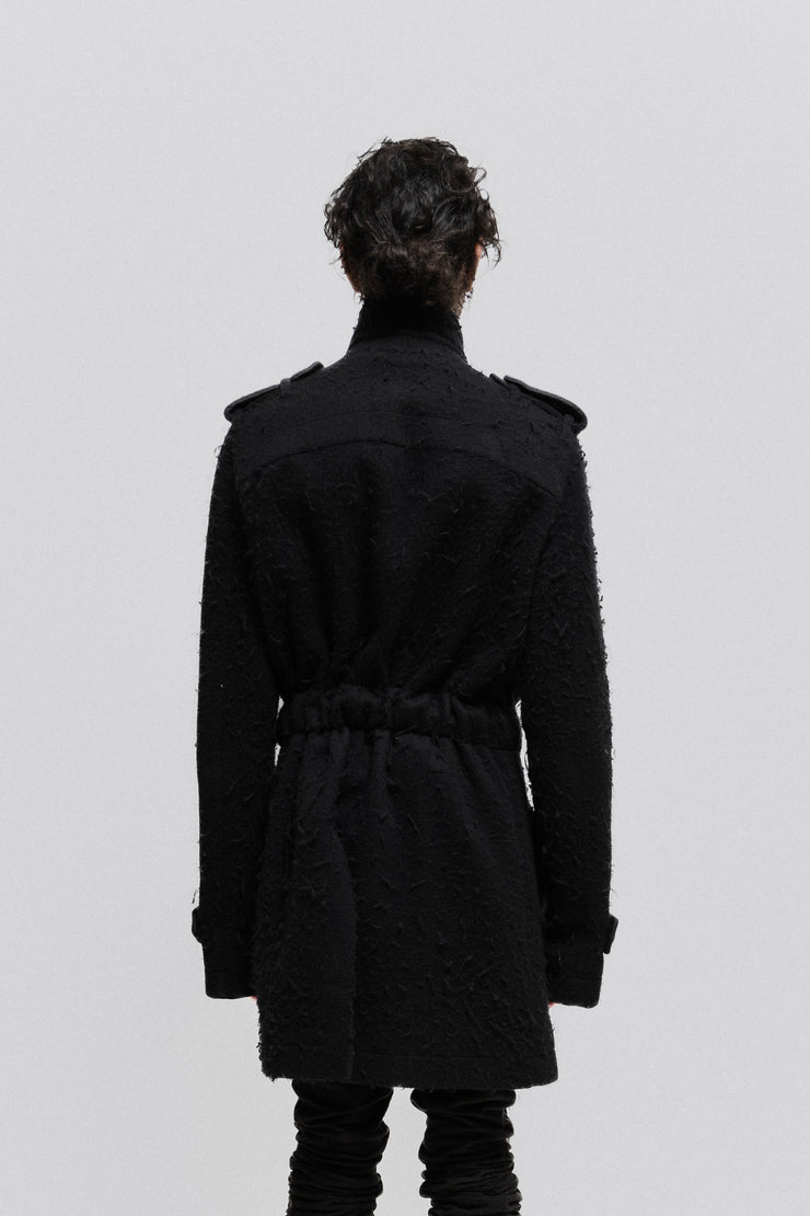 RICK OWENS - FW04 "QUEEN" Angora wool double breasted military coat with oversized buttons and metallic belt (runway)