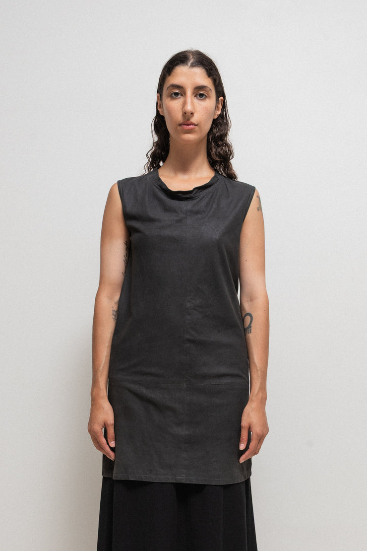 ANN DEMEULEMEESTER - Early 2000’s leather dress top with dropping neckline