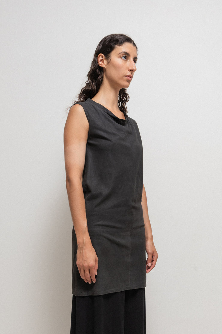 ANN DEMEULEMEESTER - Early 2000’s leather dress top with dropping neckline
