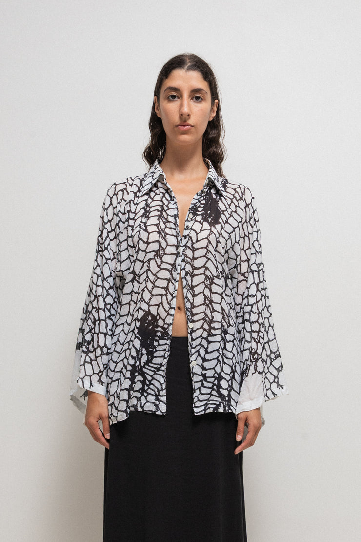 ANN DEMEULEMEESTER - SS01 Patterned cotton blouse with kimono sleeves (runway)