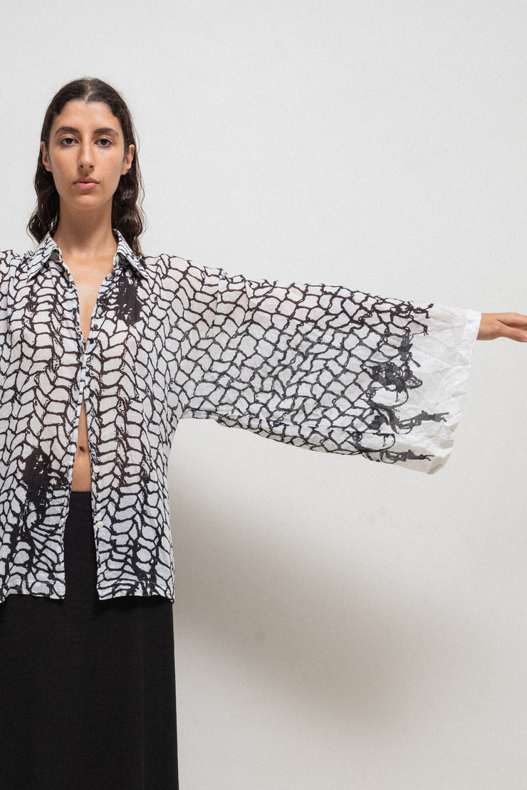 ANN DEMEULEMEESTER - SS01 Patterned cotton blouse with kimono sleeves (runway)