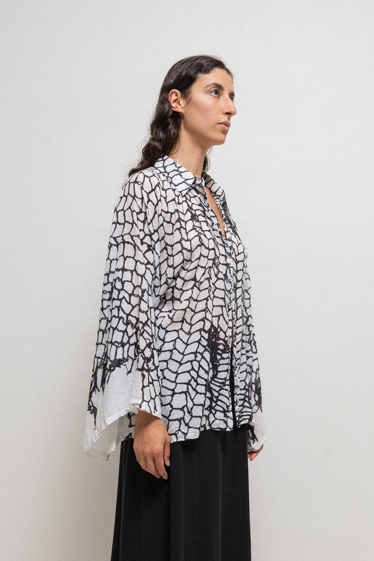 ANN DEMEULEMEESTER - SS01 Patterned cotton blouse with kimono sleeves (runway)