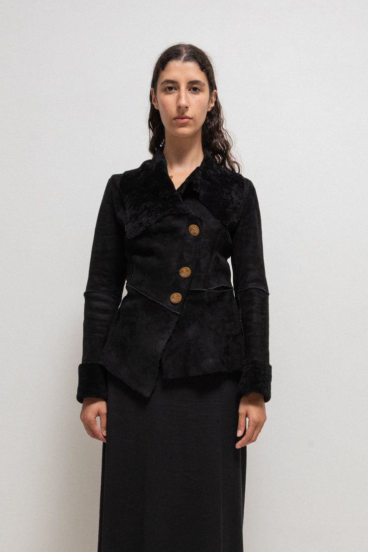 VIVIENNE WESTWOOD RED LABEL - FW02 Asymmetric leather shearling jacket with orb buttons