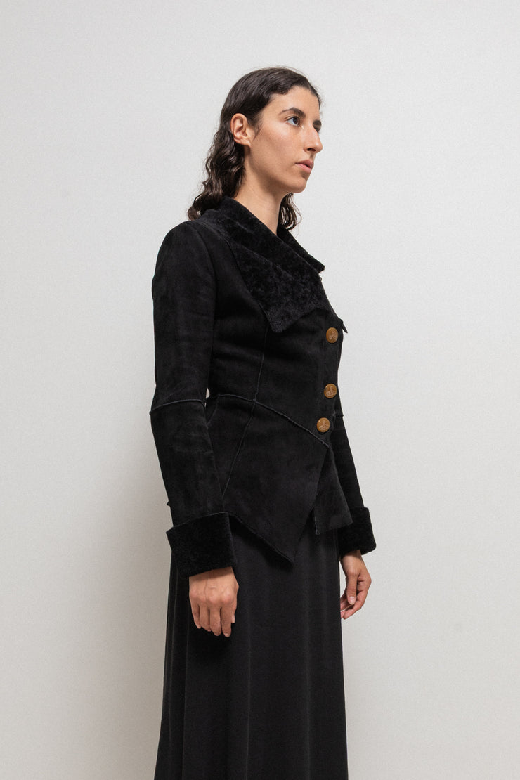 VIVIENNE WESTWOOD RED LABEL - FW02 Asymmetric leather shearling jacket with orb buttons