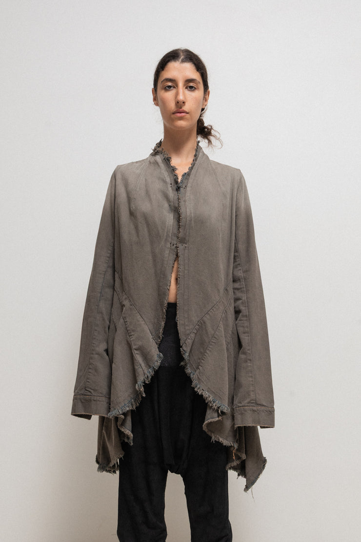 RICK OWENS DRKSHDW - 2007 Washed denim jacket with long sides, rounded panels and raw cut edges
