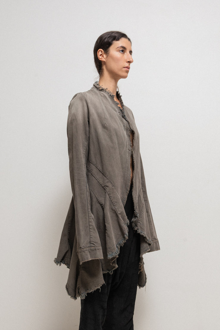 RICK OWENS DRKSHDW - 2007 Washed denim jacket with long sides, rounded panels and raw cut edges