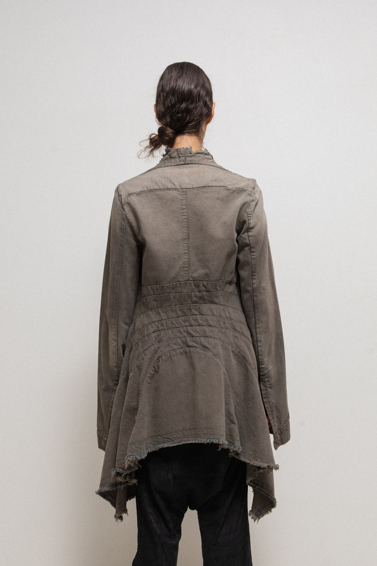 RICK OWENS DRKSHDW - 2007 Washed denim jacket with long sides, rounded panels and raw cut edges
