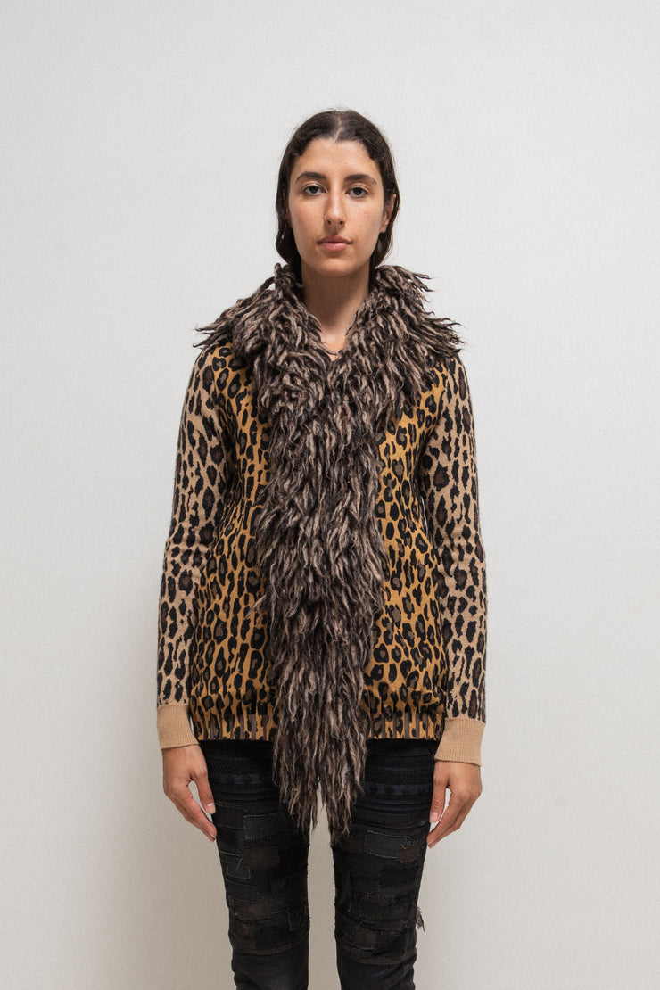 UNDERCOVER - FW05 « Arts and Crafts » Felted wool leopard pattern jacket with voluminous faux fur collar (runway)