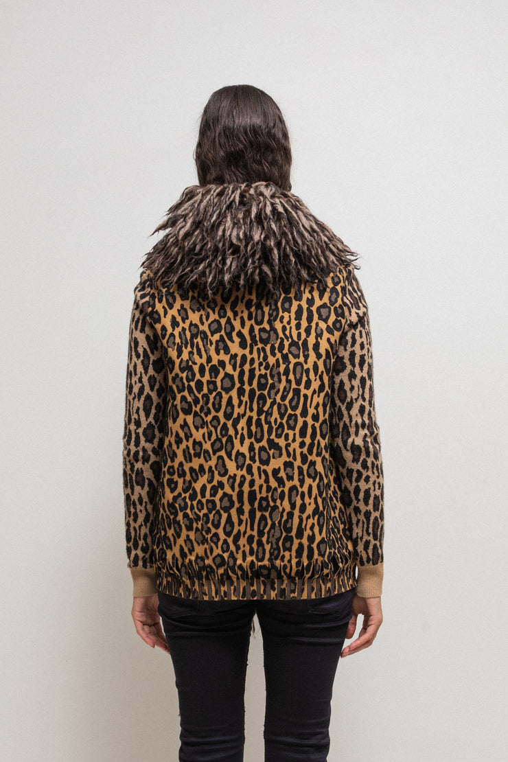 UNDERCOVER - FW05 « Arts and Crafts » Felted wool leopard pattern jacket with voluminous faux fur collar (runway)