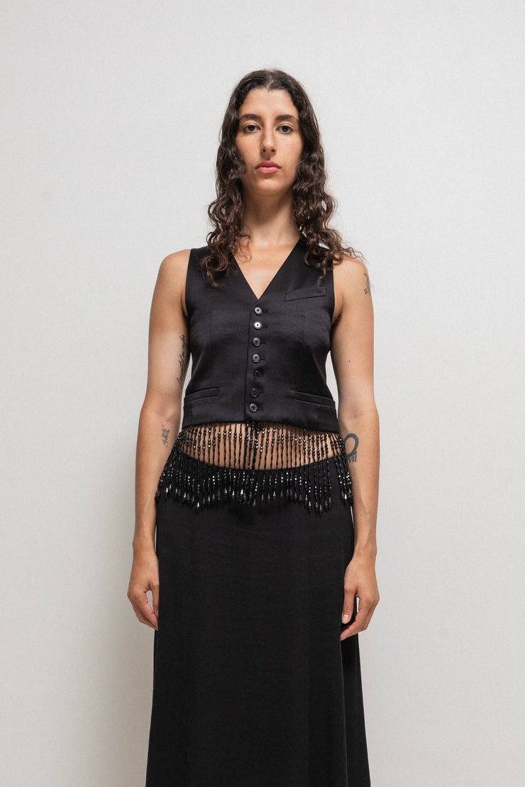 NUMBER (N)INE - SS07 Silk vest with jewel beaded fringes and musical score lining (runway)