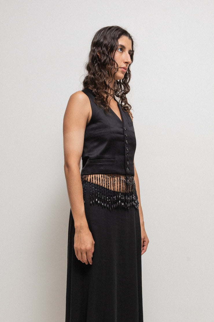 NUMBER (N)INE - SS07 Silk vest with jewel beaded fringes and musical score lining (runway)