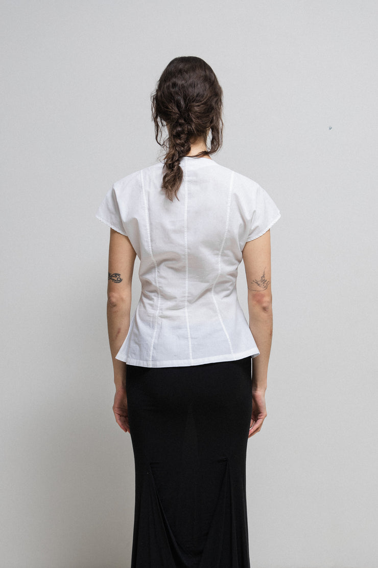 YOHJI YAMAMOTO - Cotton top with pleated panel and half cut sleeves (late 80&