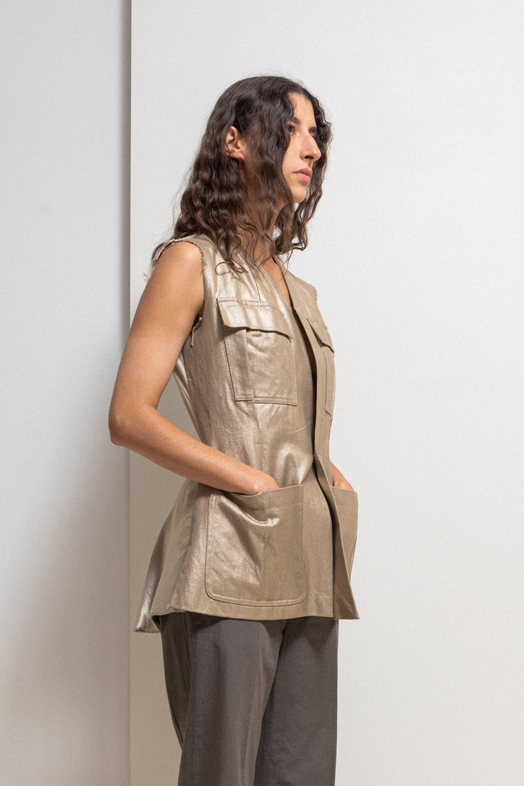 RICK OWENS - SS04 "CITROEN" Golden cotton military vest with silk draped back (runway)