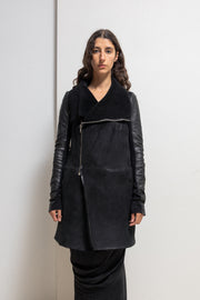 RICK OWENS - FW10 "GLEAM" Lamb leather long jacket with matching fleece and textured sleeves