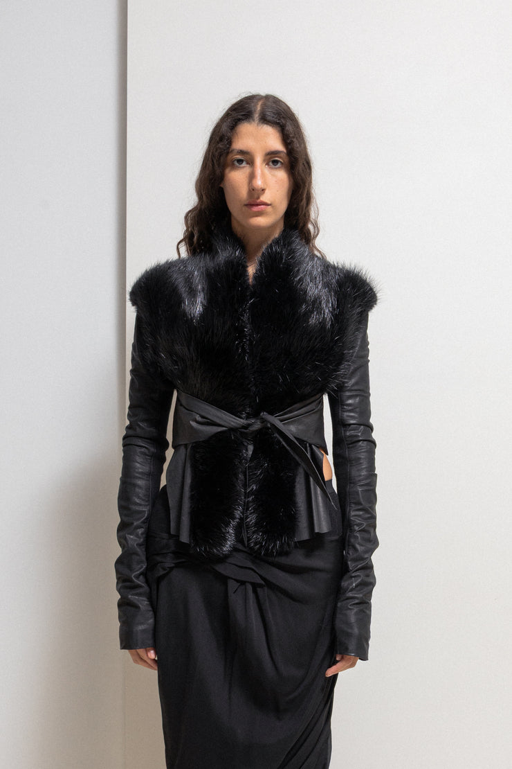 RICK OWENS PALAIS ROYAL - 2009 Kangaroo leather + calf skin cropped jacket with straps and beaver fur collar