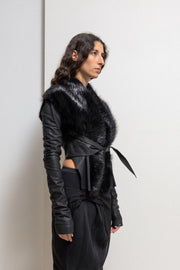RICK OWENS PALAIS ROYAL - 2009 Kangaroo leather + calf skin cropped jacket with straps and beaver fur collar
