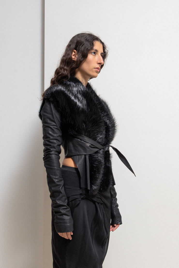 RICK OWENS PALAIS ROYAL - 2009 Kangaroo leather + calf skin cropped jacket with straps and beaver fur collar