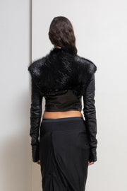 RICK OWENS PALAIS ROYAL - 2009 Kangaroo leather + calf skin cropped jacket with straps and beaver fur collar