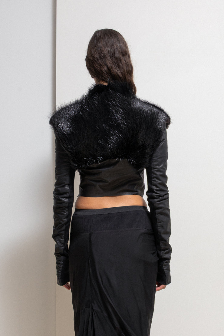 RICK OWENS PALAIS ROYAL - 2009 Kangaroo leather + calf skin cropped jacket with straps and beaver fur collar