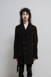 ANN DEMEULEMEESTER - Cotton velvet coat with inner belt and side zippers (early 00's)