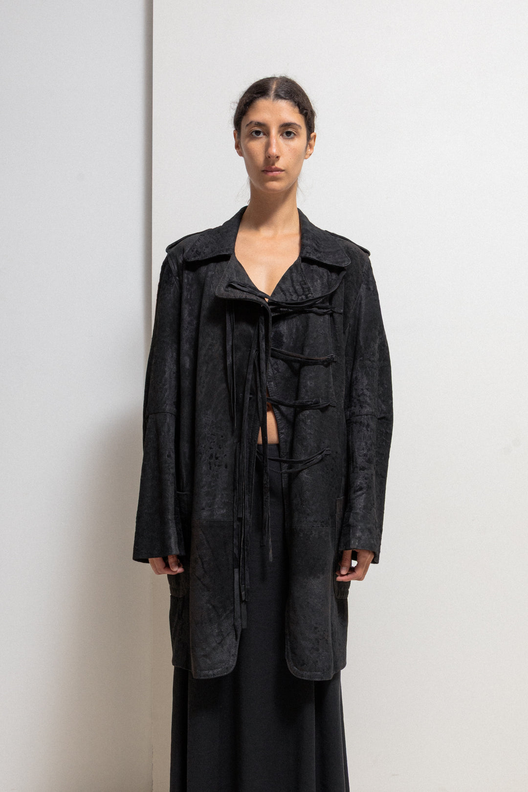 ANN DEMEULEMEESTER - FW02 Long textured leather coat with