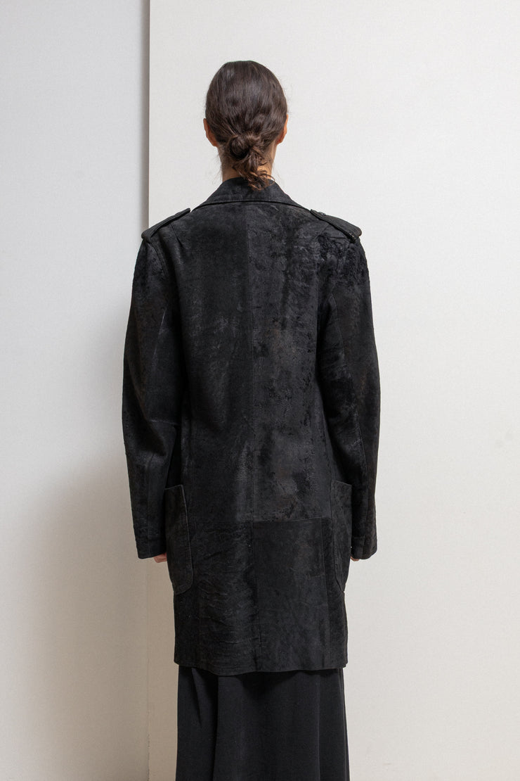 ANN DEMEULEMEESTER - FW02 Long textured leather coat with leather straps
