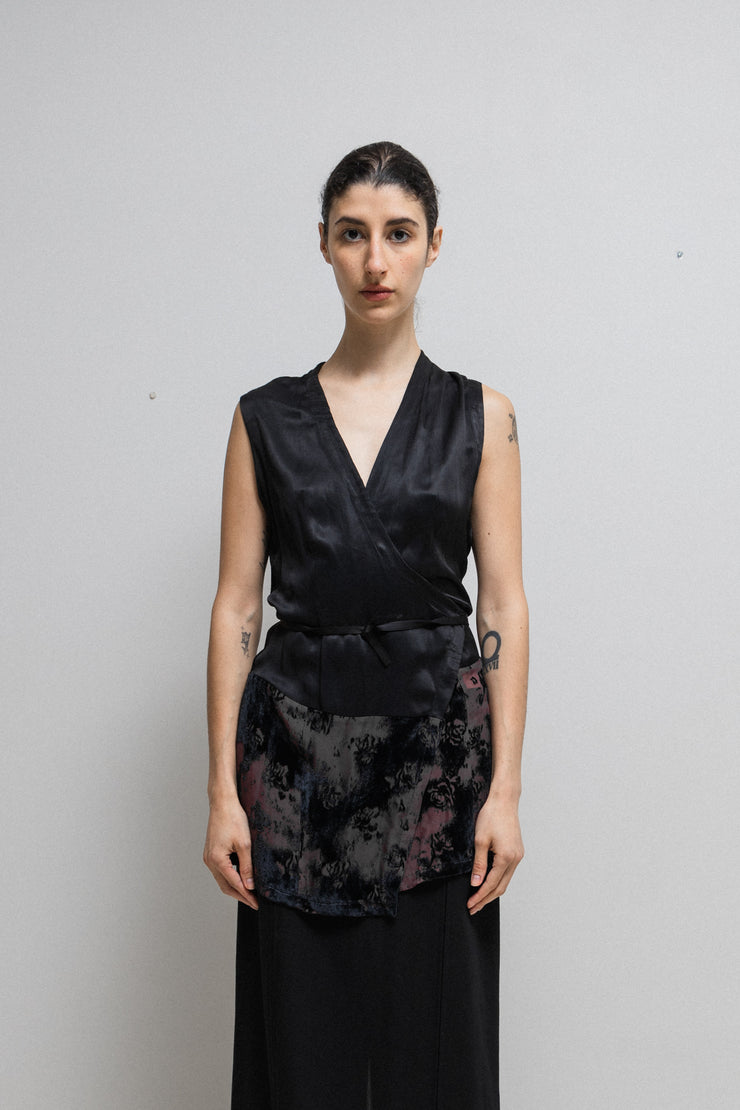 ANN DEMEULEMEESTER - 1994 Silk blend vest with a mesh floral patterned panel and straps