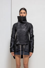 RICK OWENS - FW13 « PLINTH » Cropped lamb leather jacket with beaver fur covered sleeves