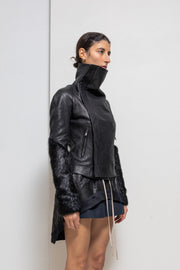 RICK OWENS - FW13 « PLINTH » Cropped lamb leather jacket with beaver fur covered sleeves