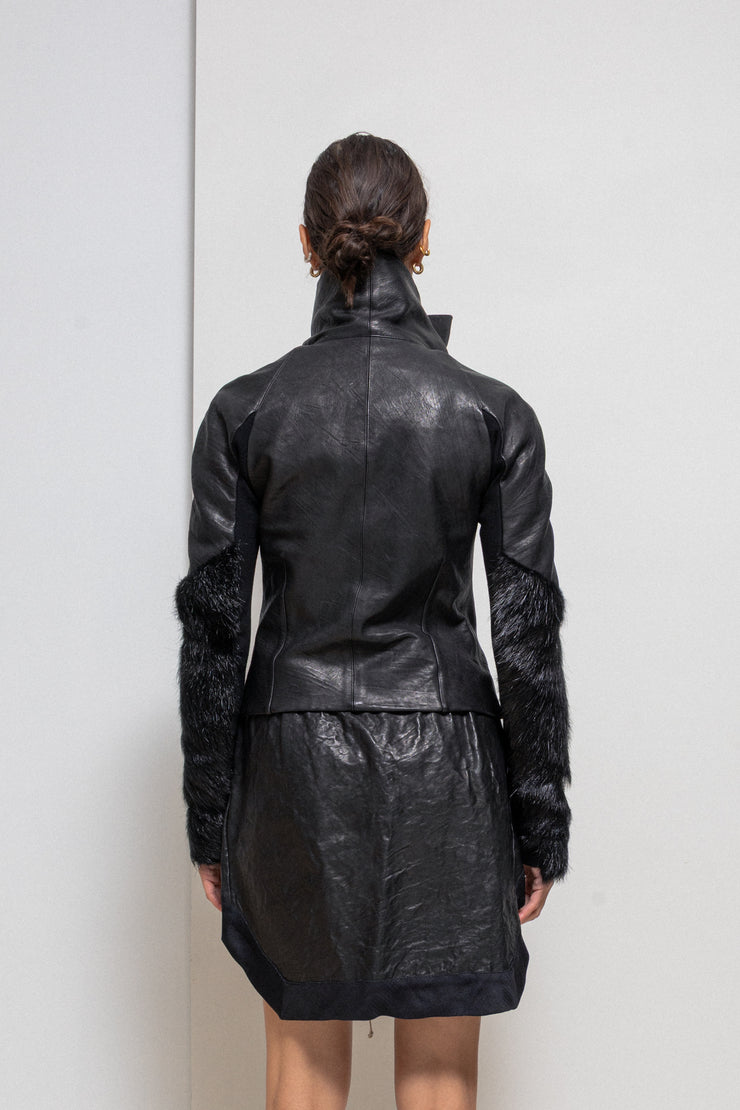 RICK OWENS - FW13 « PLINTH » Cropped lamb leather jacket with beaver fur covered sleeves