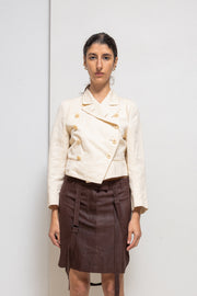 ANN DEMEULEMEESTER - Cotton + linen double breasted cream cropped jacket