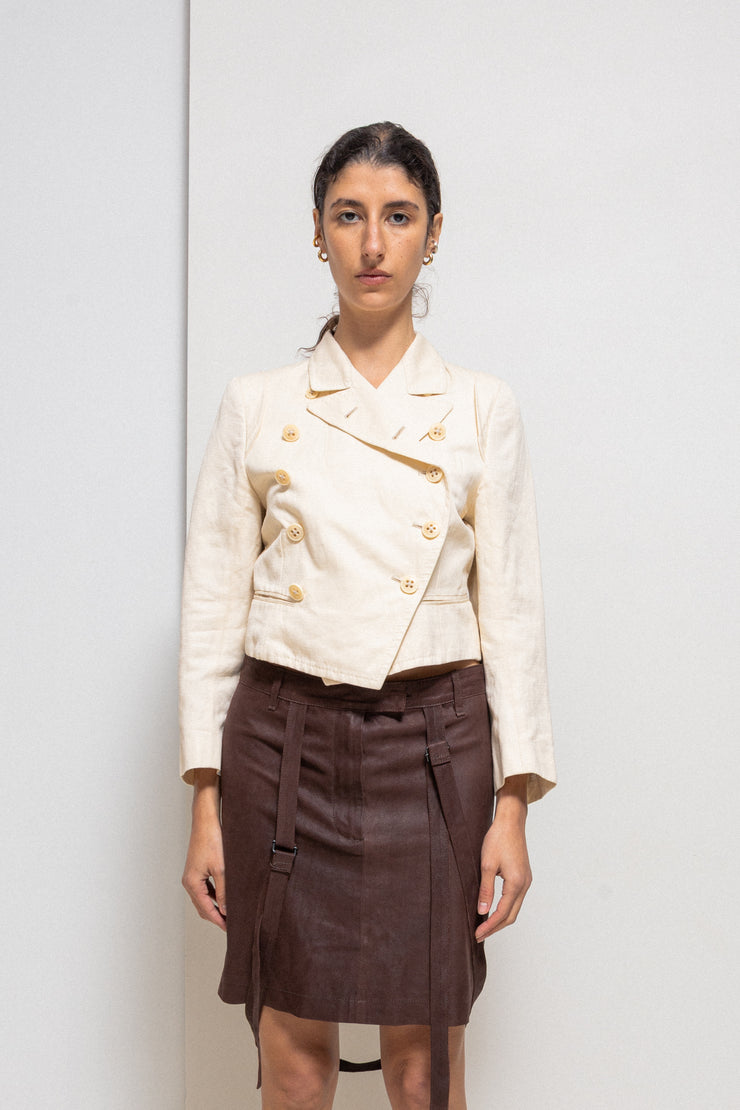 ANN DEMEULEMEESTER - Cotton + linen double breasted cream cropped jacket