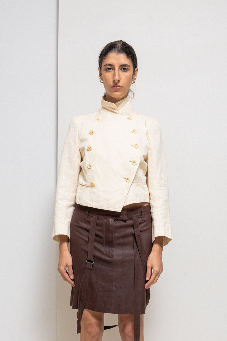 ANN DEMEULEMEESTER - Cotton + linen double breasted cream cropped jacket