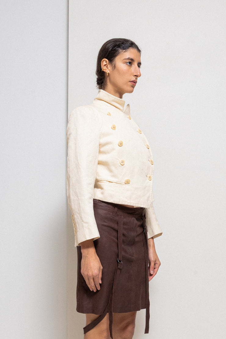 ANN DEMEULEMEESTER - Cotton + linen double breasted cream cropped jacket