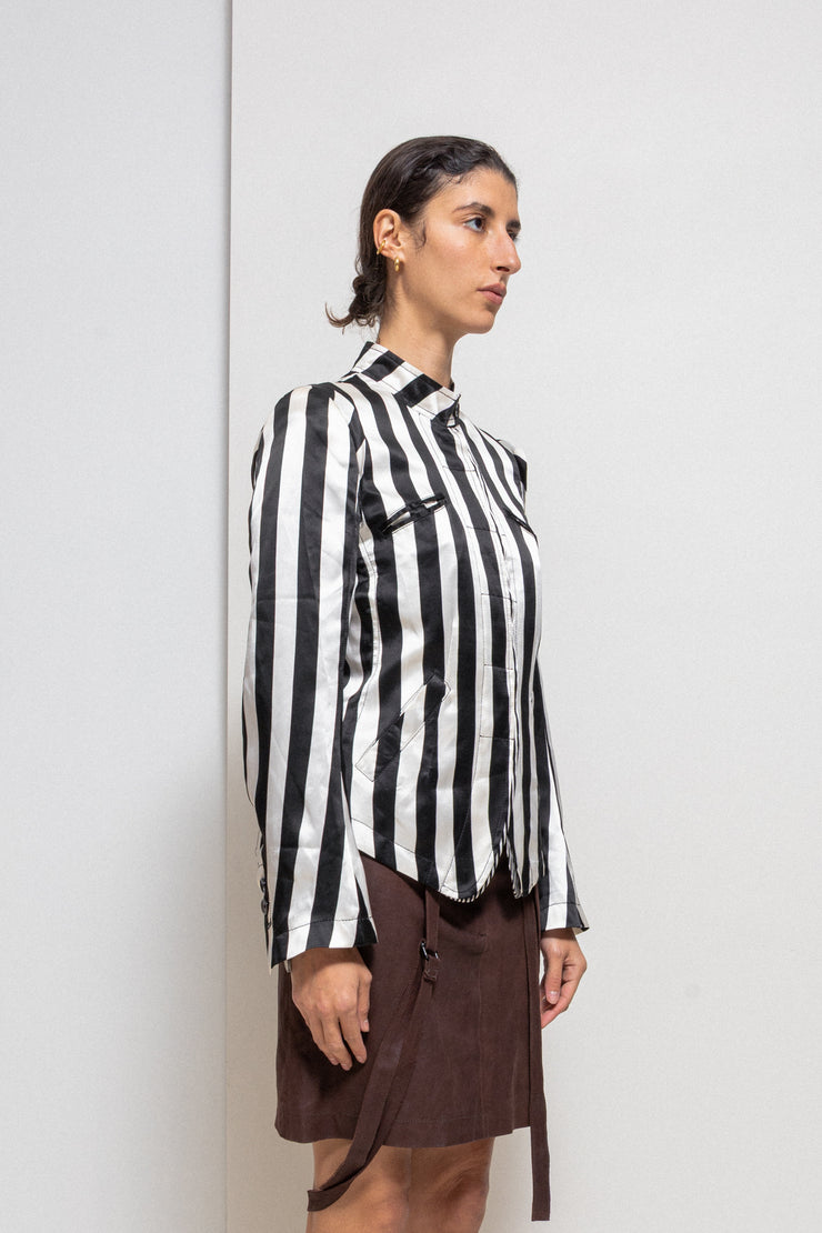 ANN DEMEULEMEESTER - SS08 100% silk striped jacket with standing collar (runway)