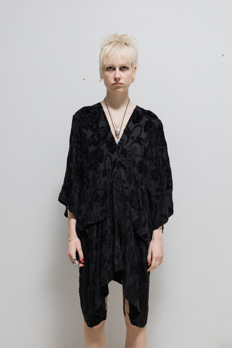 ANN DEMEULEMEESTER - FW94 Cotton blend wide tunic dress with flap pockets and floral velvet pattern