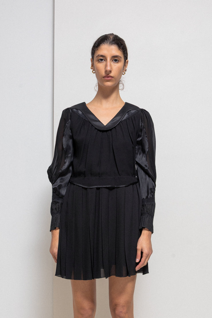 UNDERCOVER - FW09 "Earmuff Maniac" Silk pleated dress with contrasting panels (runway)