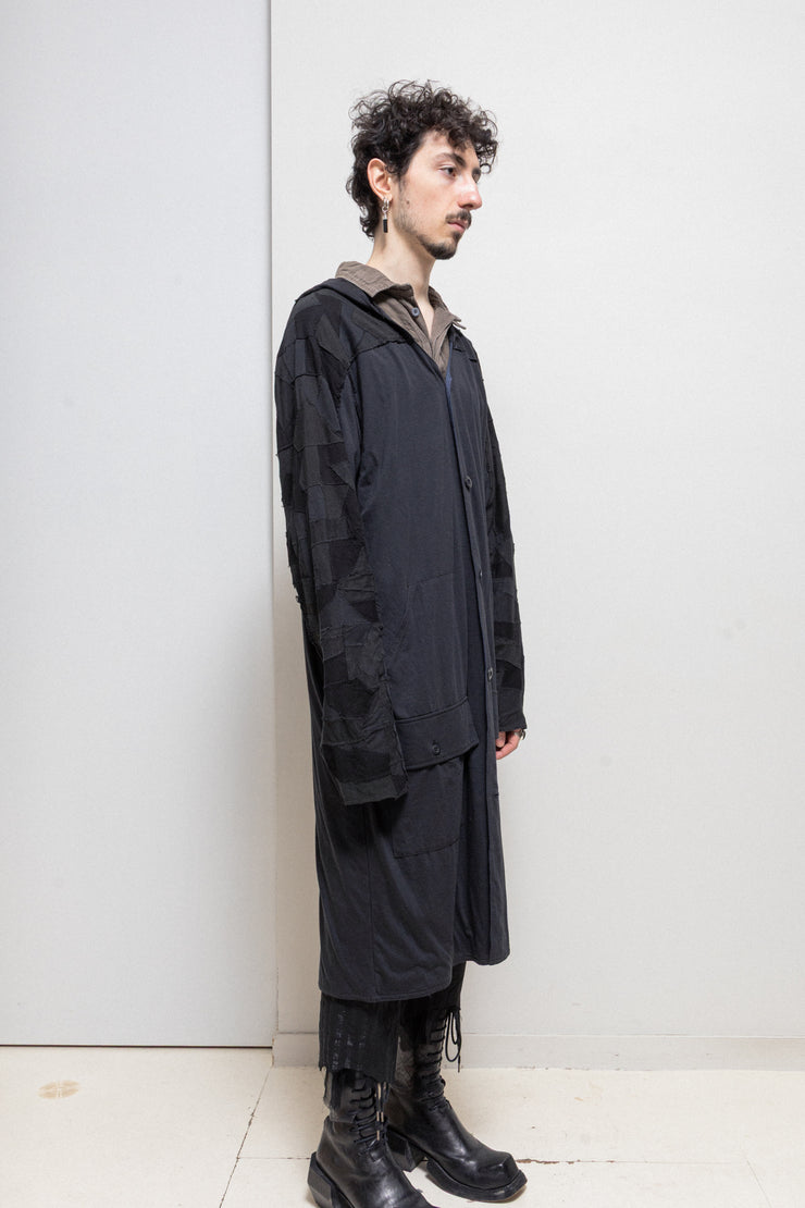 BLACKMEANS - Extra long cotton jacket with patchwork sleeves and hood