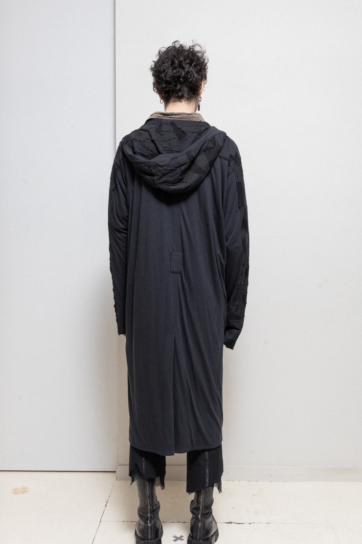 BLACKMEANS - Extra long cotton jacket with patchwork sleeves and hood