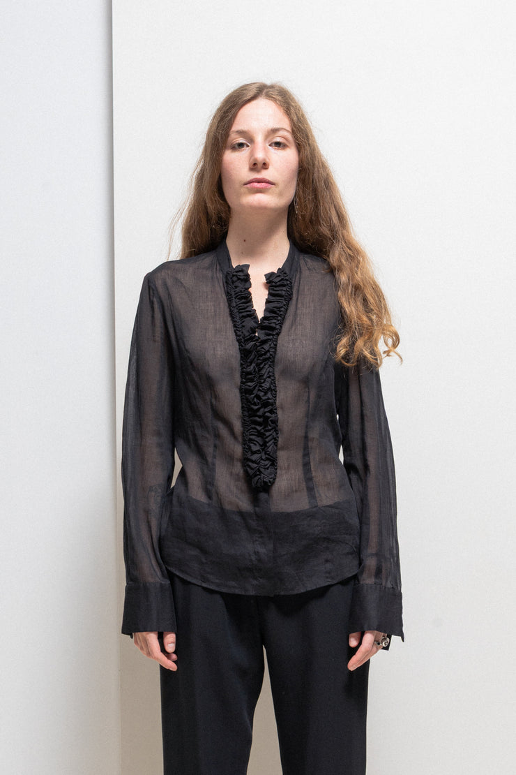ALEXANDER MCQUEEN - SS06 « Neptune » See through blouse with frilled button placket (runway)
