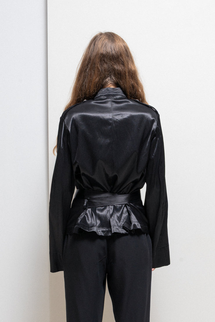 ANN DEMEULEMEESTER - SS02 Cotton blend satin officer jacket with decorated metal buttons and belt (runway)