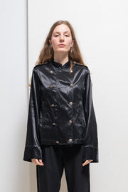 ANN DEMEULEMEESTER - SS02 Cotton blend satin officer jacket with decorated metal buttons and belt (runway)