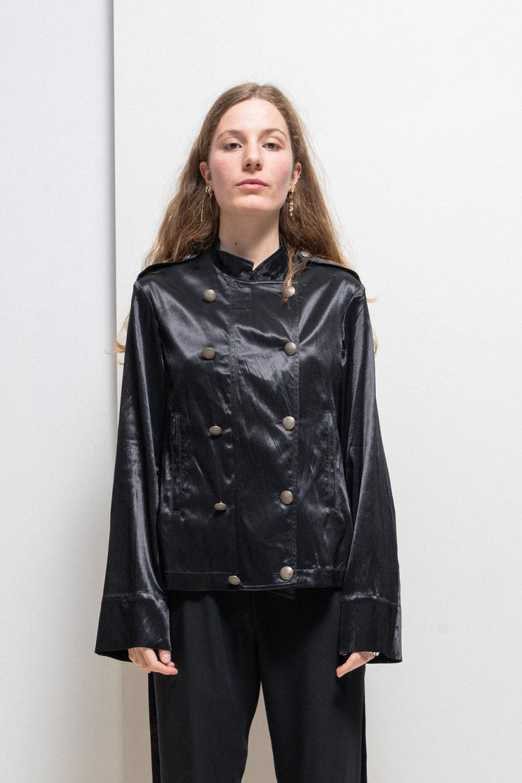 ANN DEMEULEMEESTER - SS02 Cotton blend satin officer jacket with decorated metal buttons and belt (runway)