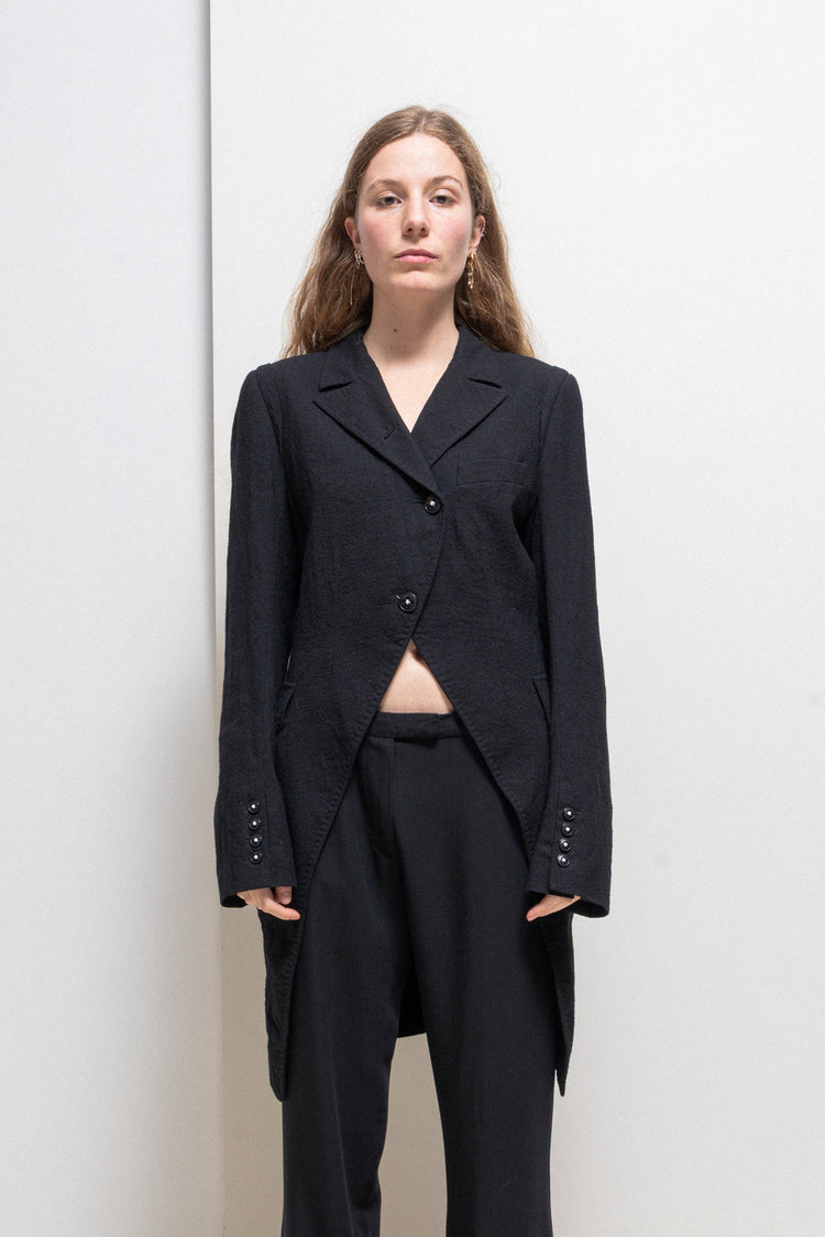 ANN DEMEULEMEESTER - FW05 Textured wool tail jacket with shoulder