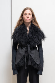 GARETH PUGH - Waxed cotton jacket with mongolian fur collar and front straps