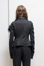 GARETH PUGH - Waxed cotton jacket with mongolian fur collar and front straps